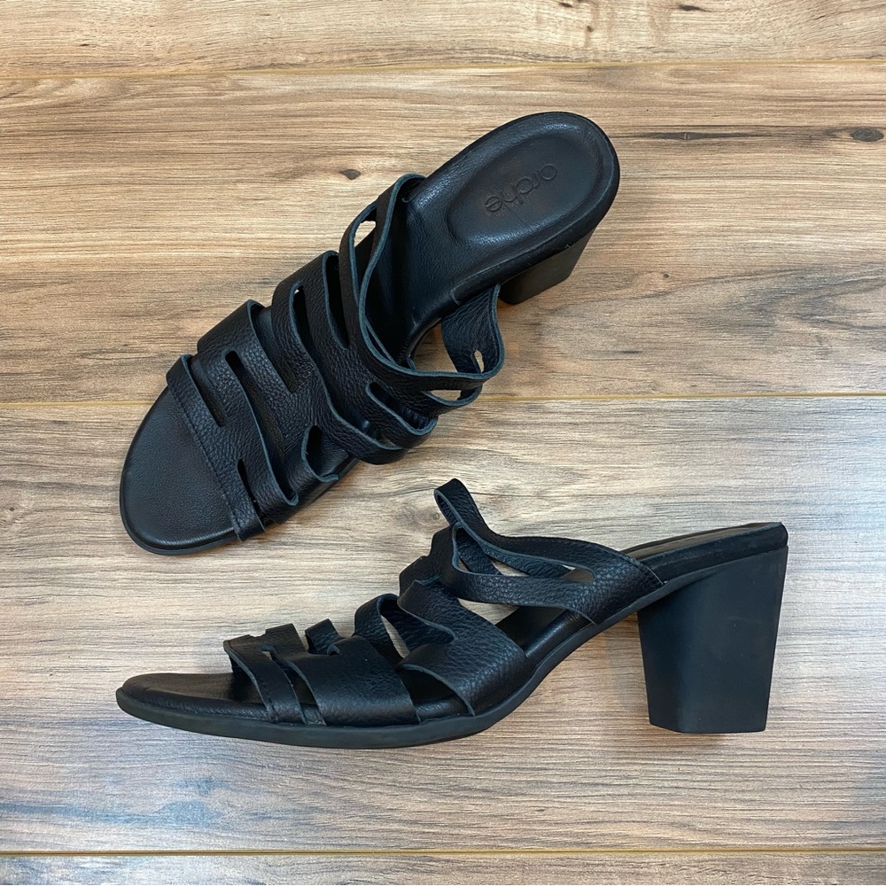 Arche Leather Heeled Strappy Block Heel Mules Sandals Women's 41/10‎ Color Black